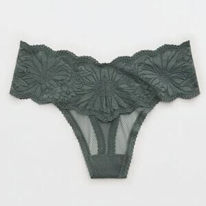 NWT Aerie Women's Hibiscus Lace Thong Underwear in Green